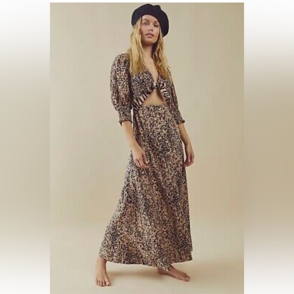 Free People XS String Of Hearts Maxi Dress Printed Smocked V-Neck Button do…